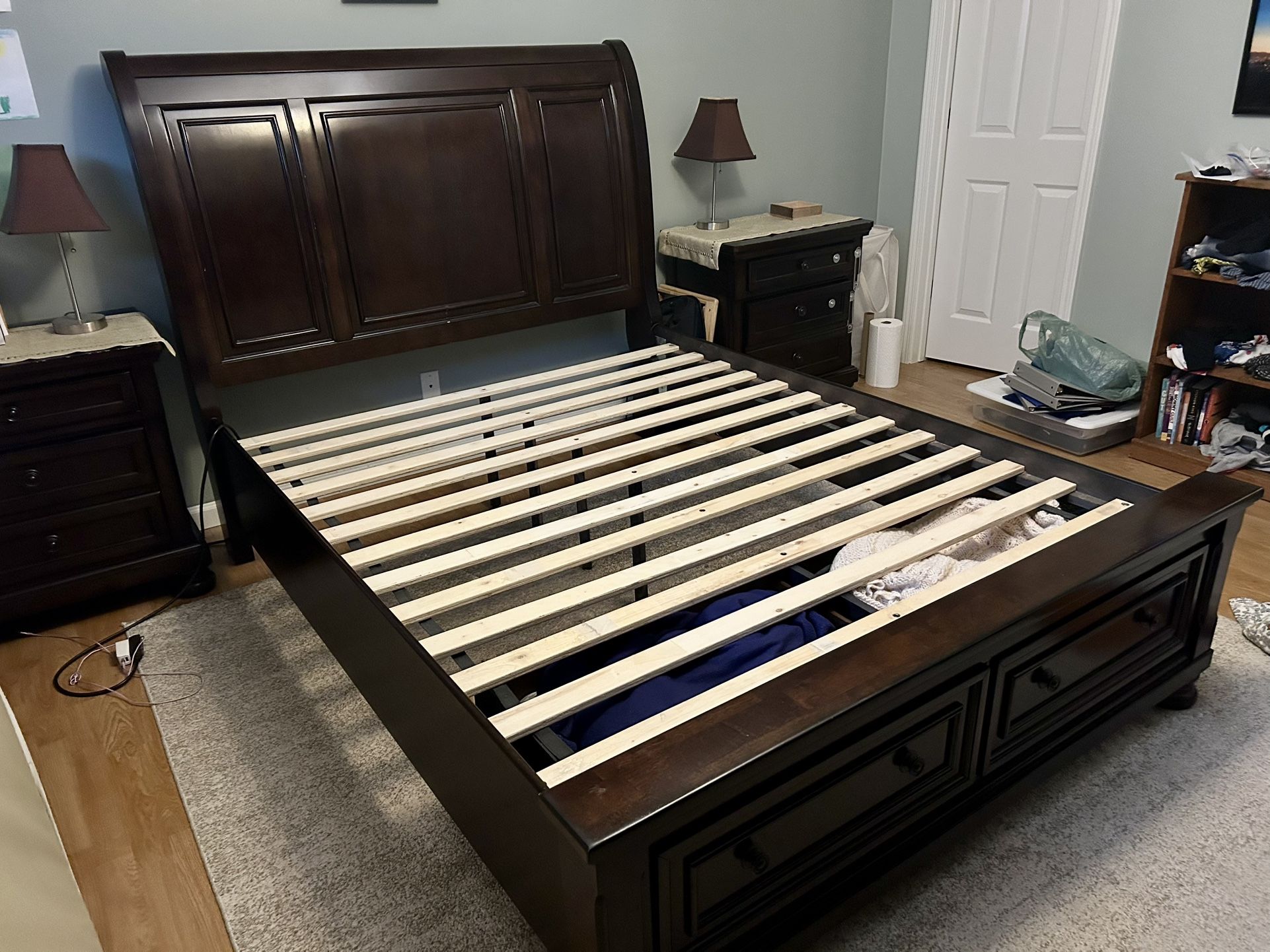 Queen Sleigh Bed Frame with Built-in Drawers