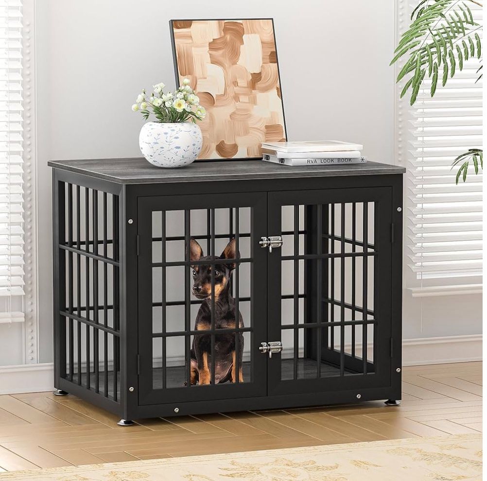 32 Inch Heavy Duty Dog Crate Furniture for Medium and Small Dogs, Decorative Pet House End Table, Wooden Cage Kennel Furniture Indoor, Gray