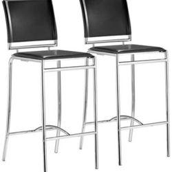 New Set of 2 Barstool Chairs - Black Leather Upholstery with Chrome Metal