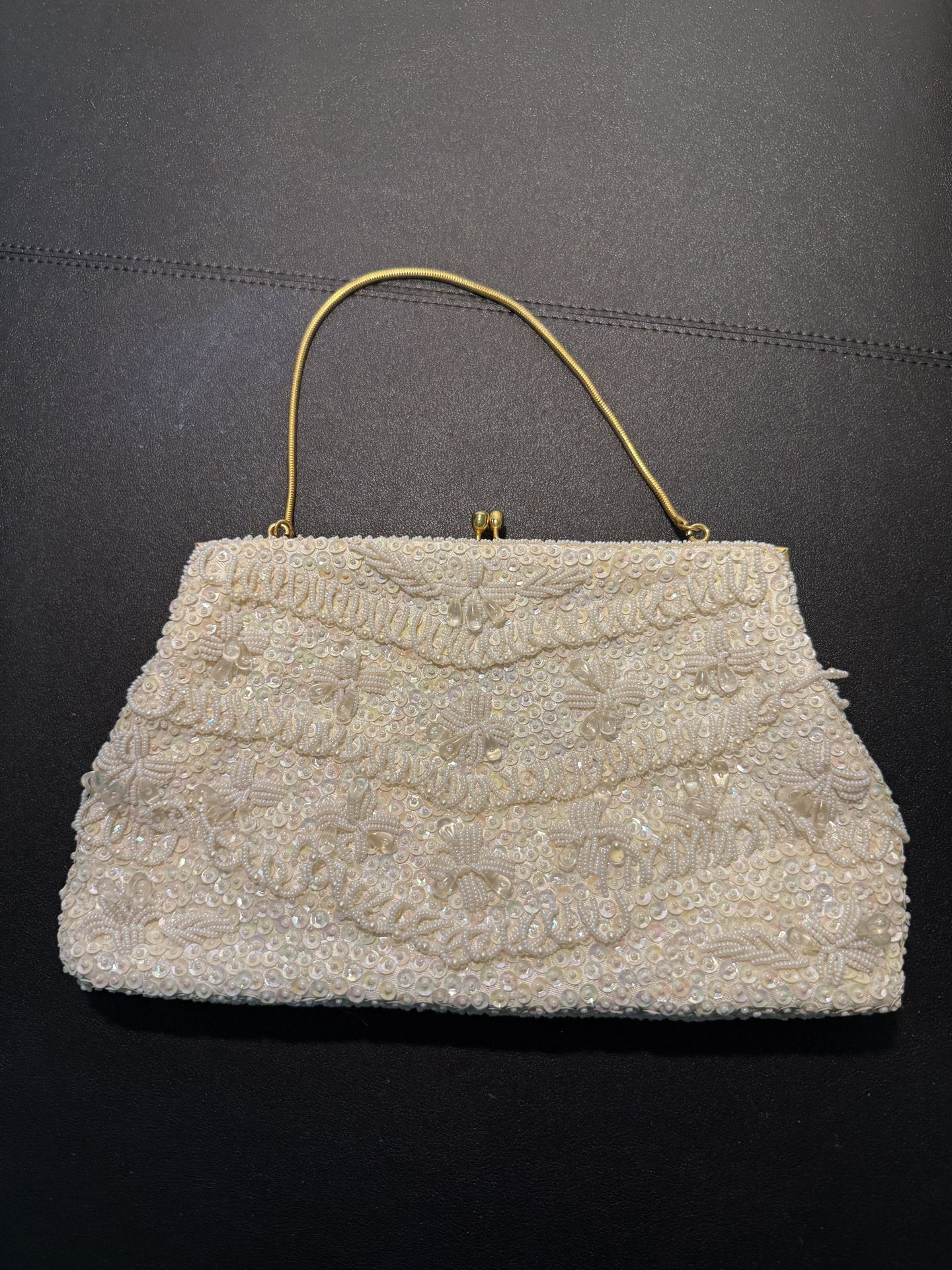 Safco Vintage 1970s White Satin Sparkly Beaded Evening Bag Gold Chain Hong Kong