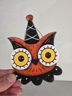Johanna Parker Halloween Owl Wood Ornament Orange Black Folk Art Decor New