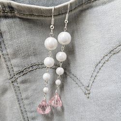 Handmade White and Pink Pearlescent Faux Pearl Long Dangle Earrings
