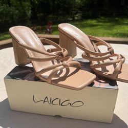 LAICIGO Women’s 8.5 Square Toe Heeled Sandals Double Knot Block Heel Slip On Shoes