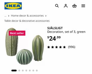 IKEA SJÄLSLIGT Ceramic Cactus Set (3 Pieces) - Green Decor