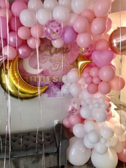 Party decor, balloon garlands, backdrop, dessert table