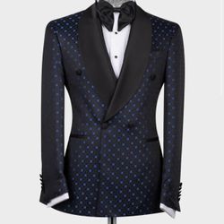 Brand New Dark Blue Spotted Double Breasted Tuxedo In Size 50
