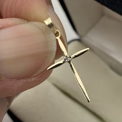 Shiman 14k Solid Gold Religious Cross With Natural DIAMOND Pendant Charm ~ 23mm