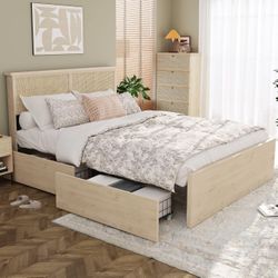 Queen Bed Frame with Natural Rattan Headboard