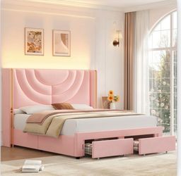 Full Size Pink LED Bed Frame with Storage Drawers