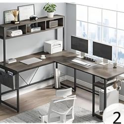 L-Shaped Office Desk 94.5 Inch With Storage Shelf And Headphone Hook