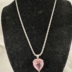 925 Pink Agate Heart Pendant Silver Tone Rope Chain Necklace Nice
