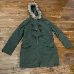 UK Style By French Connection Parka Jacket Fur Hood Olive Size L Large Women