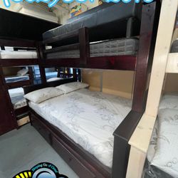 Dark Cherry Twin Full With Pull Out Trundle Bed Complete Set 