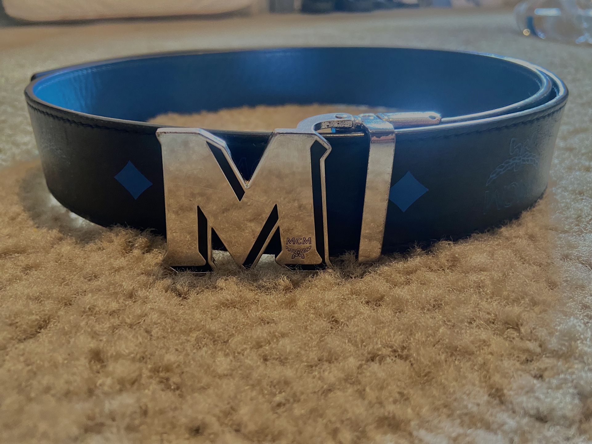 Black And Blue Reversible Adjustable  Mcm Belt  