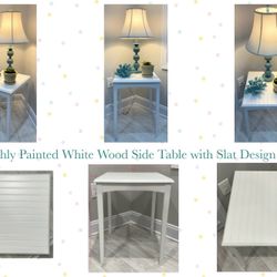Freshly Painted White Wood Side Table with Slat Design Top