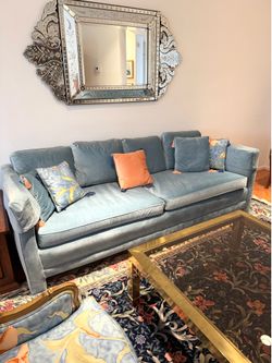 Vintage MCM Mid Century Modern Regency Hollywood Blue Velvet Couch Living Room Sofa