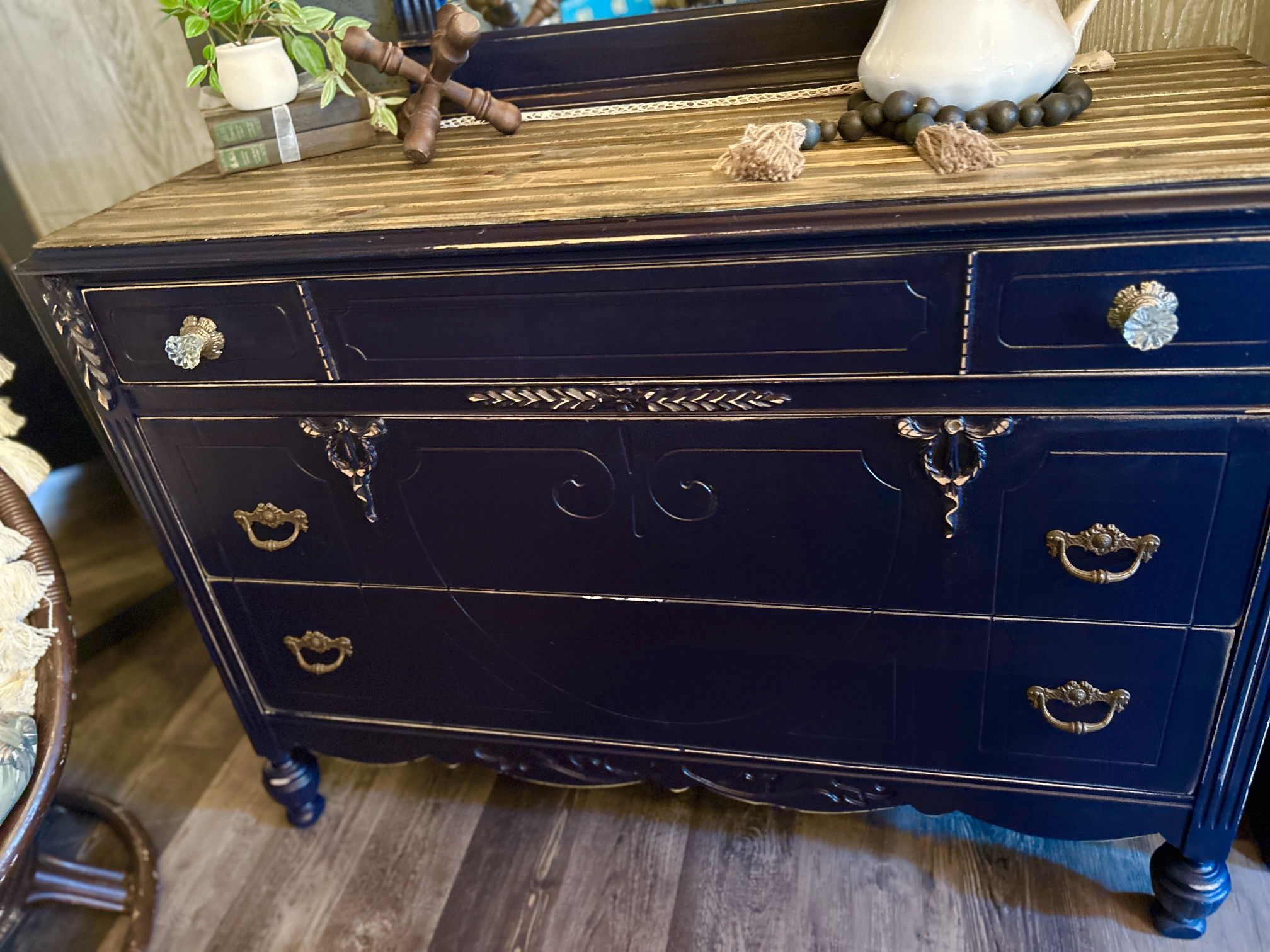 Gorgeous Antique Farmhouse Midnight Blue Lowboy Dresser