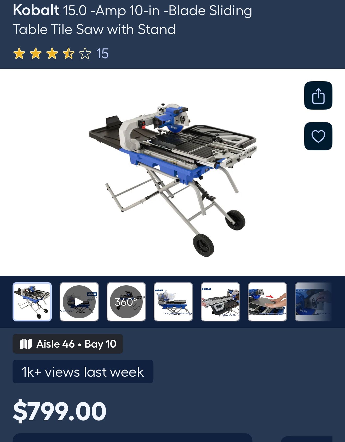 Kobalt 15. Amp 10in Blade Sliding Table Saw On Stand