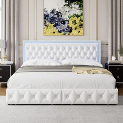 Queen Upholstered LED Bed Frame with 4 Drawers, Pu Leather Platform Storage Bed