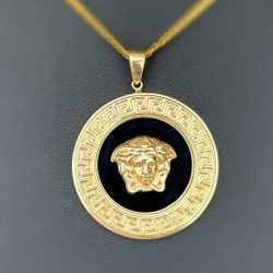 14k solid yellow gold Versace onyx Medusa Pendant charm