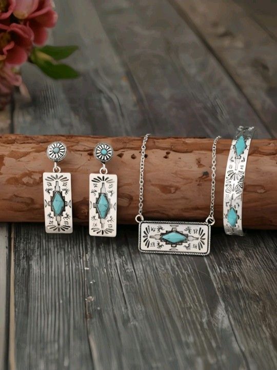 Western Style Carved Inlaid Turquoise Rectangular Pendant Necklace, Earrings And Bracelet