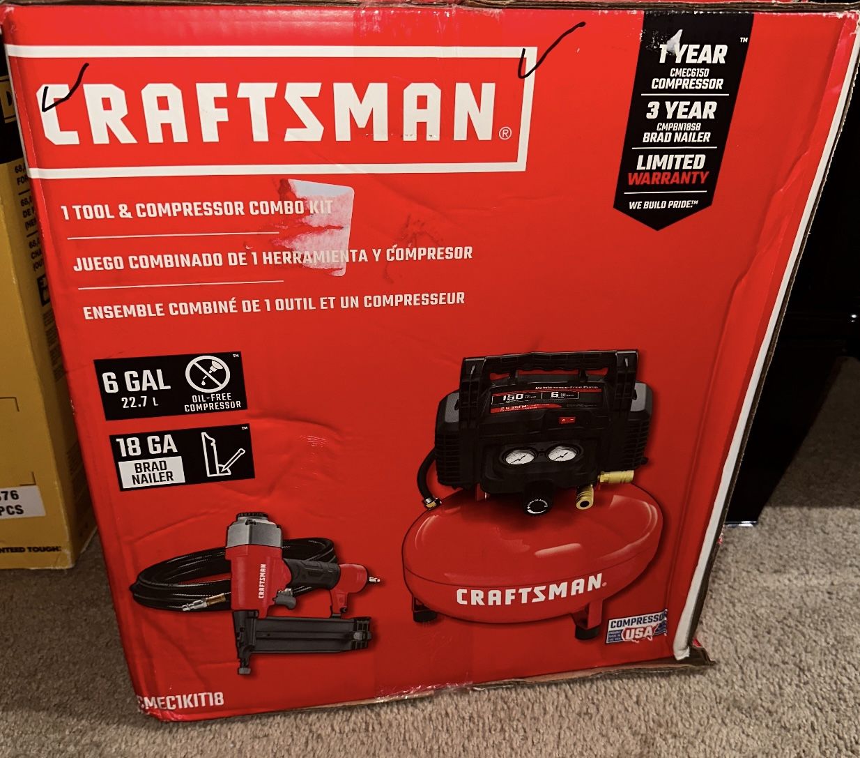 New Craftsman 6-Gallon Portable Electric 150 PSI Pancake Air Compressor Combo Kit Hose with Brad Nailer 
