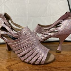 Very Fine Latin Dance Pink Glitter Heels + Bag Size 5.5