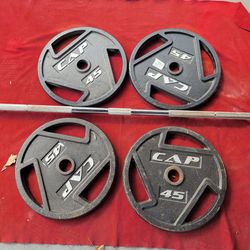 CAP.  SETS OF 45s.   TOTAL 180LBs. WITH 7' OLYMPIC BAR 45LBs 
11525 S HALSTED DUNKIN/7111.S WESTERN WALGREENS 
235$    SET  CASH ONLY AS