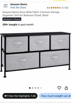 Amazon Basics Extra Wide Fabric 5-Drawer Storage Organizer Unit for Bedroom Closet, Black Brand New