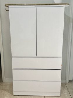 White High-Gloss Wardrobe / Storage Cabinet with 3 Drawers & Gold Details