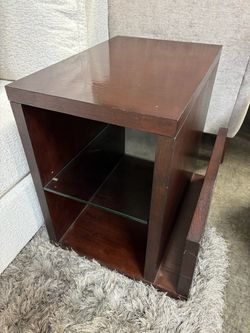 Dark Wood End Table with Glass Shelf and Magazine Rack