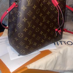 LOUIS VUITTON NeoNoe Brown Monogram Canvas Poppy Red Leather Bucket Bag  M44021