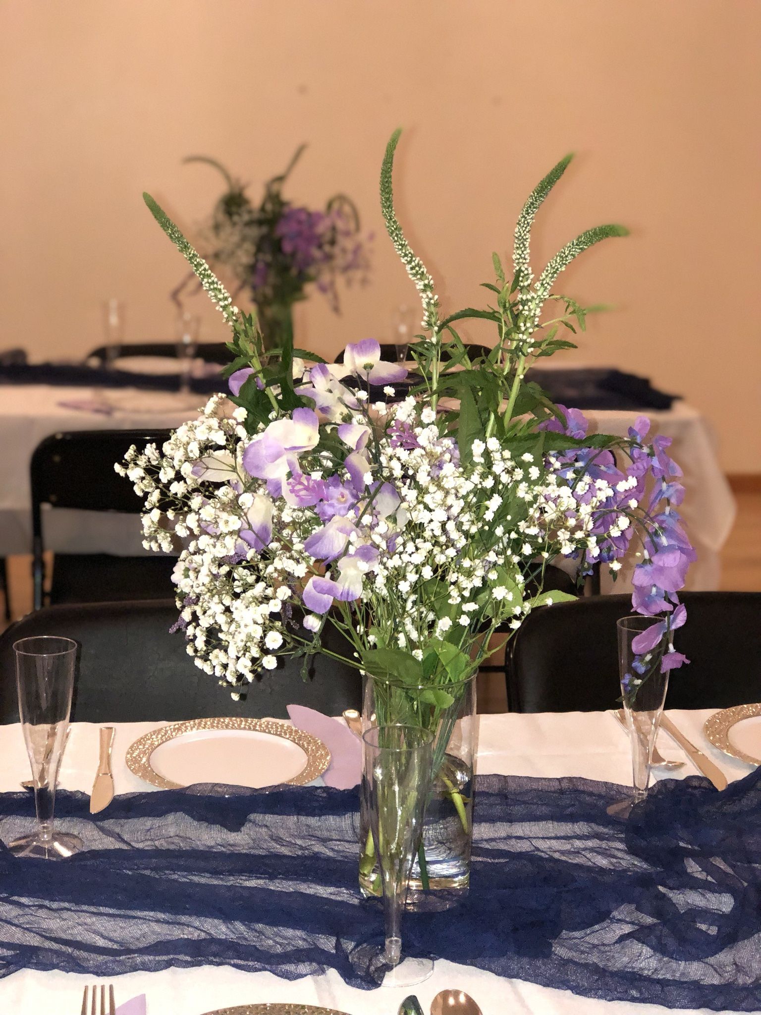 Wedding Decor Navy Gauze Table Runners & Flowers