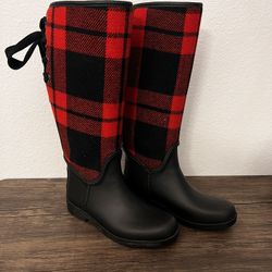 Coach Tristee Rain Boots, Red/Black Buffalo Plaid, Women’s Size 6B Fleece-Lined