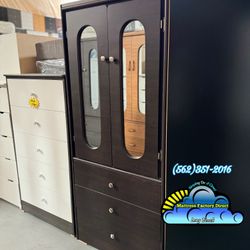 Dark Brown Tall Wood Closet Wardrobe With Mirror Doors 