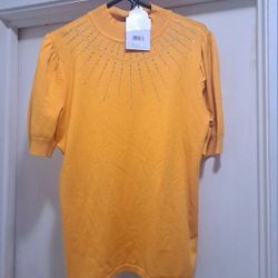 Ladies Xl Love Ever After Mustard Gold Short Sleeves Sweater With Rhinestones