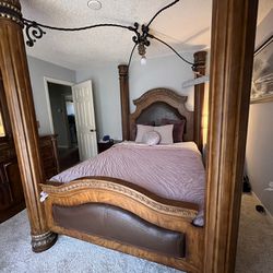 QUEEN Wood/Leather 4-post Wrought Iron Canopy Bed & Dresser & Mirror For Sale
