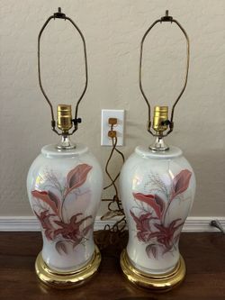 Vintage Pair of 1980s Iridescent Hand-Painted Glass Table Lamps – Hollywood Regency Style