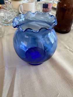 Blue Glass Ruffled Edge Bowl Vase