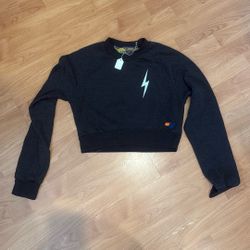 New Aviator Nation Sweatshirt Dark Grey Cropped Lightning Bolt 