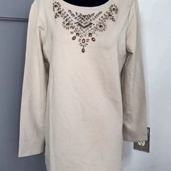 Susan Graver S Top Tan Beige Embellished Stretch 3/4 Sleeve Long Tunic Beaded