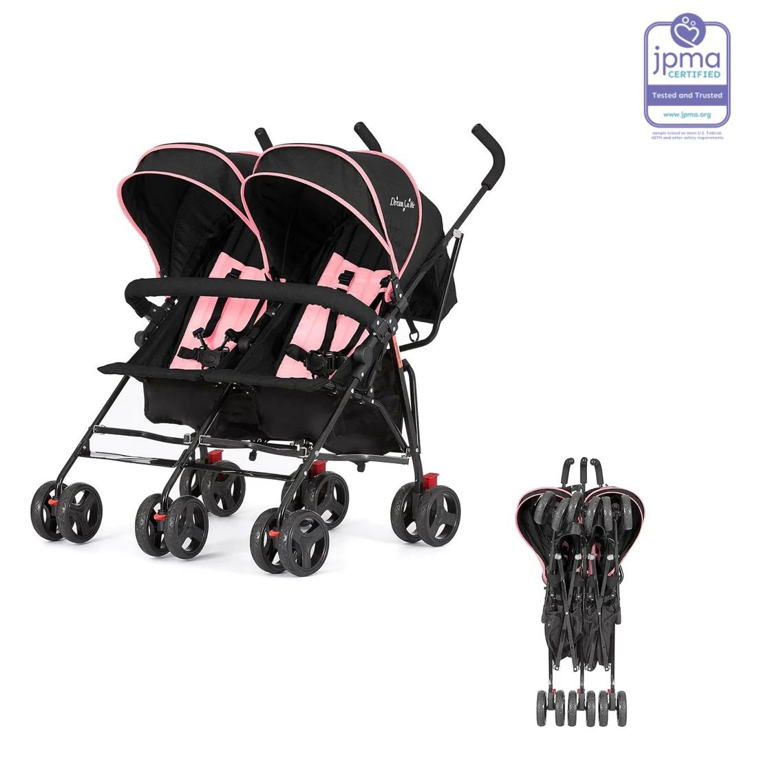 Dream On Me Volgo Twin (Double) Umbrella Stroller - Black and Pink