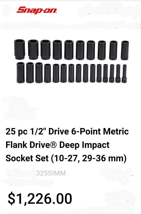 Snap On 25 pc 1/2" Drive 6-Point Metric Flank Drive® Deep Impact Socket Set 10-36 mm