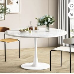 42" Round Dining Table with Printed Marble Table Top, Metal Base Pedestal Kitchen Table for 4-6 Person [NEW]
