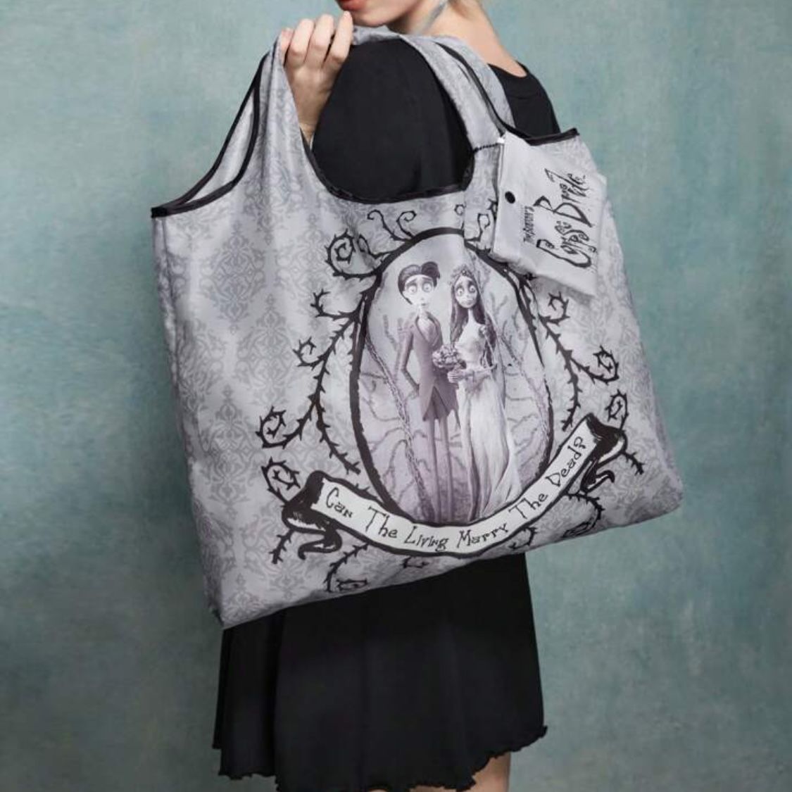 Corpse Bride Gray & Black Foldable Tote Bag in Pouch