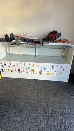 White Glass Display Cabinet with Stickers