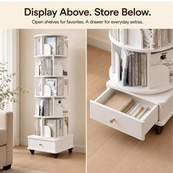 Rotating Tower Bookshelf with Drawer and Wheels