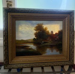 19th Century European Oil Painting — River Landscape, EK Monogram, Ornate Gilt Frame