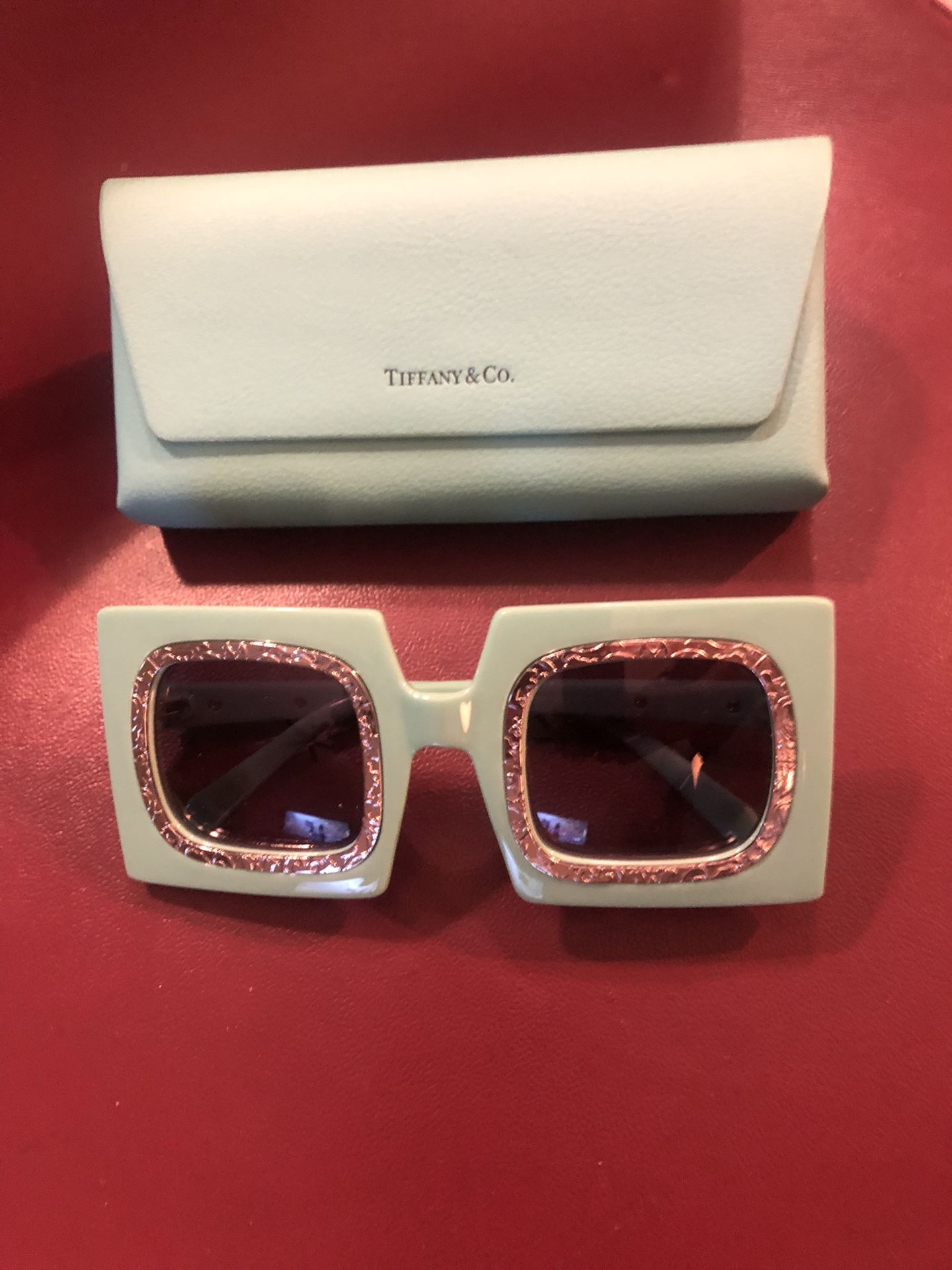 Tiffany & Co. Teal Soft Leather Case w/Teal Rectangular Oversized Bumper-Frame Festival Sunglasses (New)