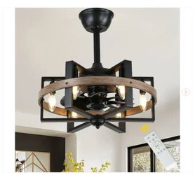 Vintlume 18 in. Industrial Brown Caged Ceiling Fan with Light Kit and Remote - New